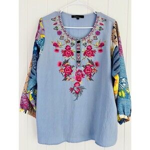 Gorgeous Calesas Blue Floral Embroidered 100% Cotton Blouse Boho Festival Large